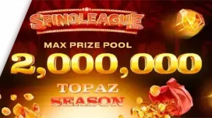 Изображение, рекламирующее турнир Spinoleague Topaz Season в Клуб Вулкан с призовым фондом в 2 миллиона евро на фоне огненной сцены.